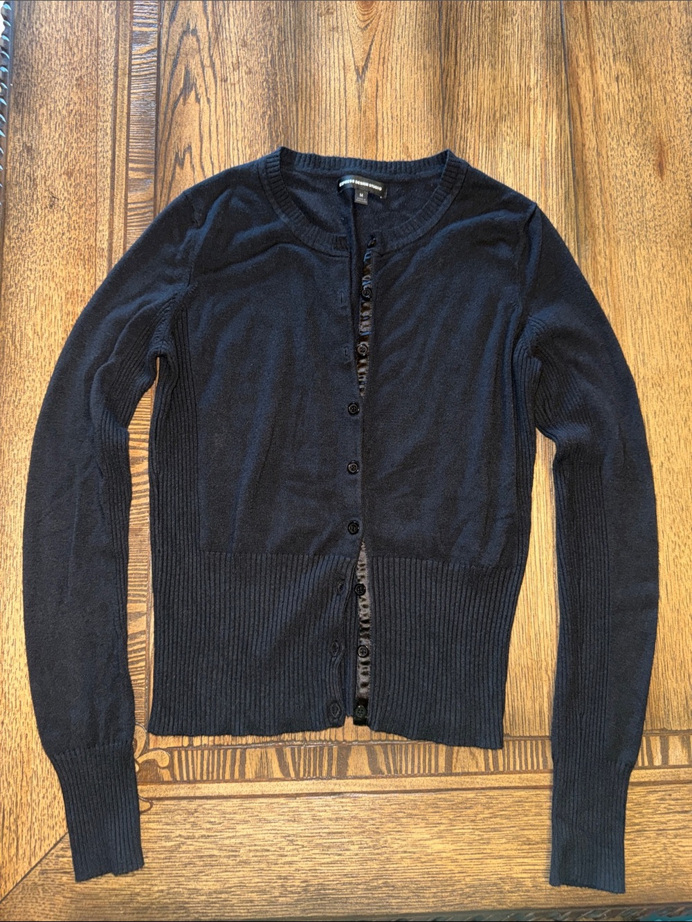 Express Black Ribbed-Waist Button Cardigan with satin front detail